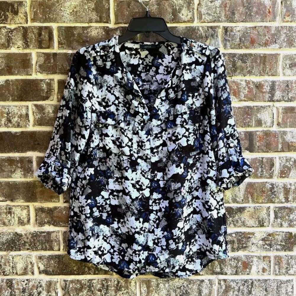APT.9 Women's Top Blouse Long Sleeves Roll Tab Black Blue White Floral Size S